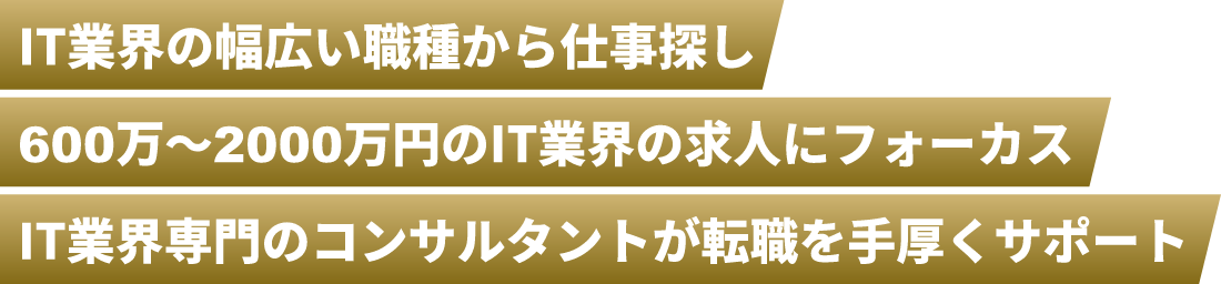 IT業界の幅広い職種から仕事探し、600万〜2000万円のIT業界の求人にフォーカス、IT業界専門のコンサルタントが転職を手厚くサポート