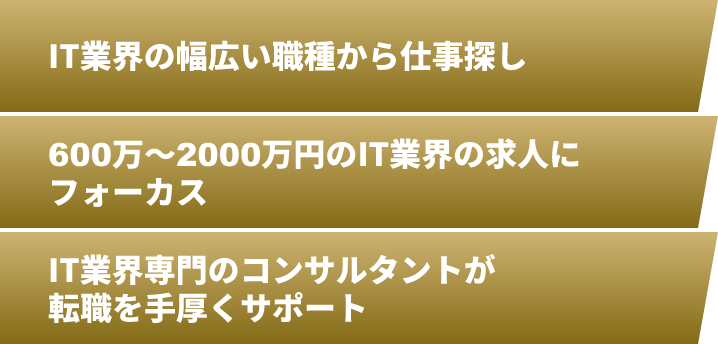 IT業界の幅広い職種から仕事探し、600万〜2000万円のIT業界の求人にフォーカス、IT業界専門のコンサルタントが転職を手厚くサポート